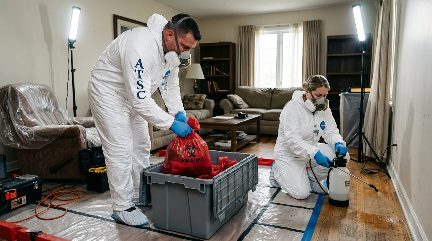 Professional Biohazard Cleanup technician in full PPE working in Grosse Ile